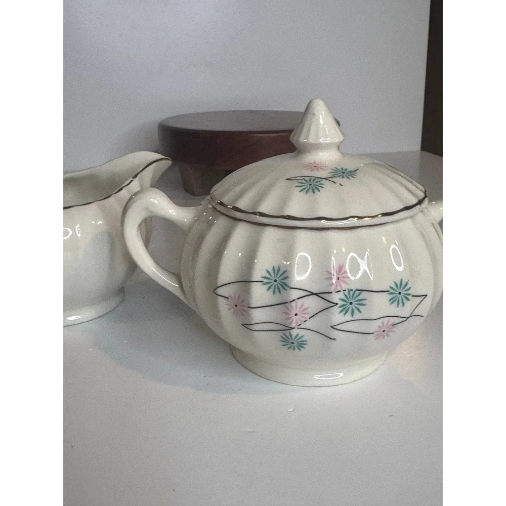 Vintage Atomic Starburst Creamer Sugar Set MCM Pink Blue‎ Floral Gold Trim